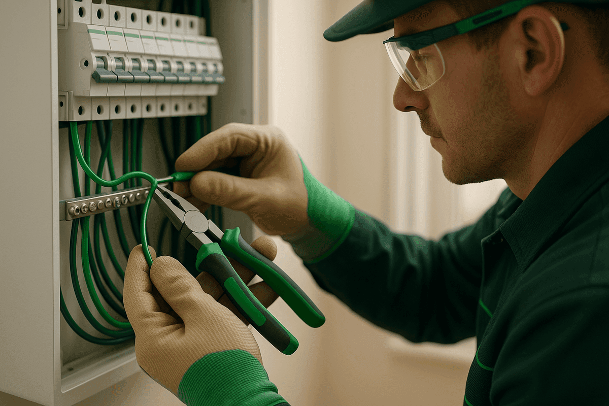 Electrician's gloved hands connecting green wires inside modern electrical panel
